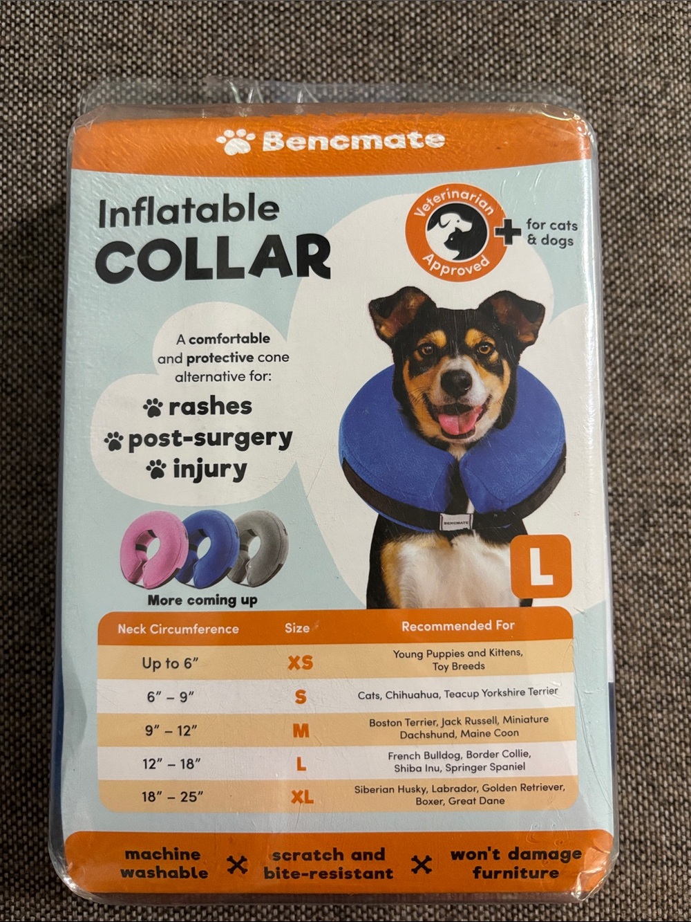 Bencmate inflatable dog collar for use after surgery, injury. Various sizes.